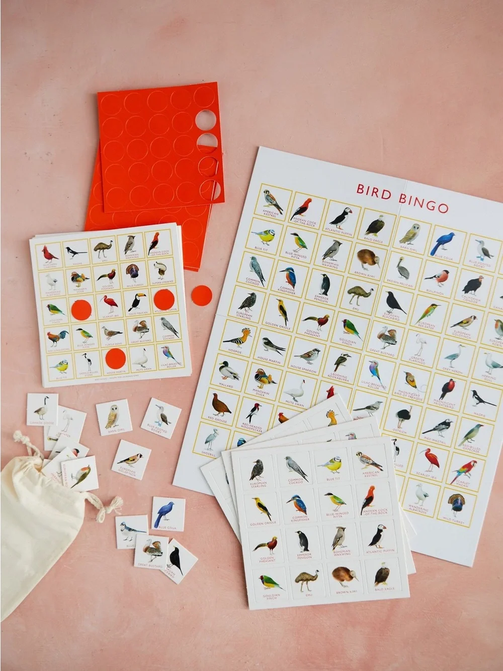 Anthropologie Bird Bingo Game - Illustrated Bird Matching Game (White & Red)